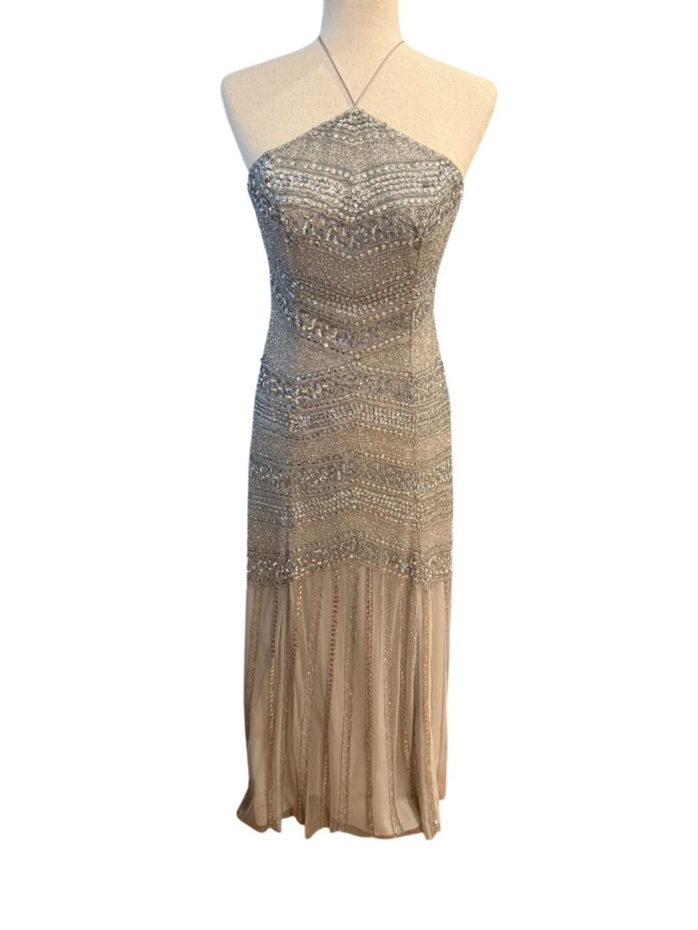 Adrianna Papell Beaded Halter Gown Silver Sequin Formal Dress Size 2 Art Deco Ga